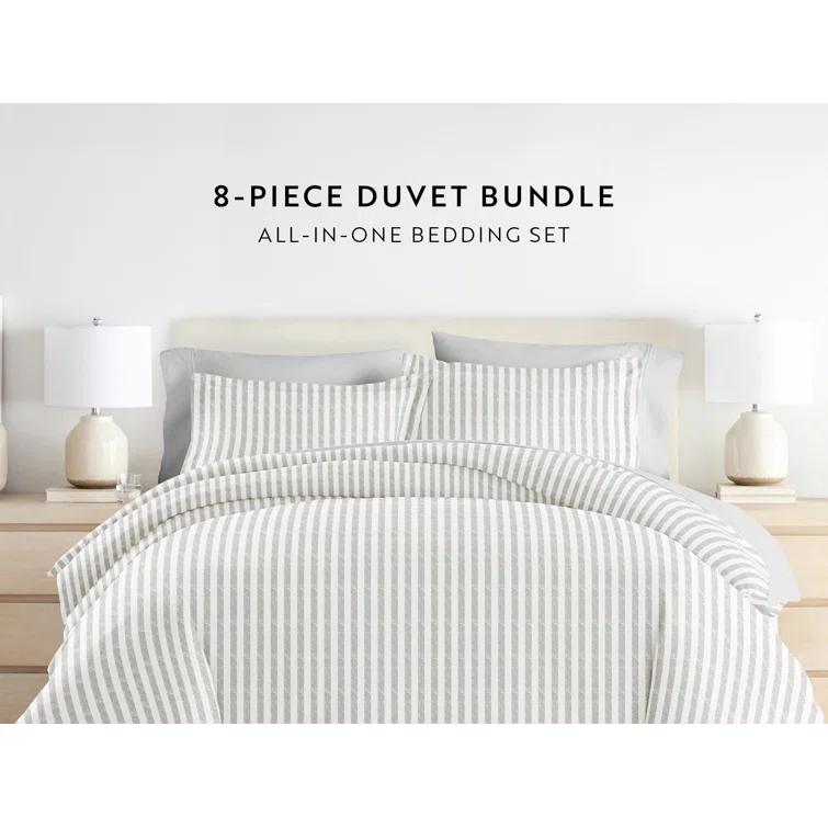 IEnjoy Home 8-Piece Reversible Bedding Bundle - Patterned Duvet Cover, Comforter Insert and Solid Sheet Set