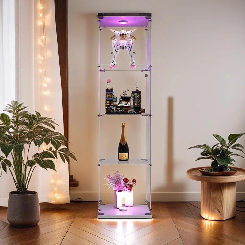 Lighted 4 Shelves Glass Display Cabinet with One Door