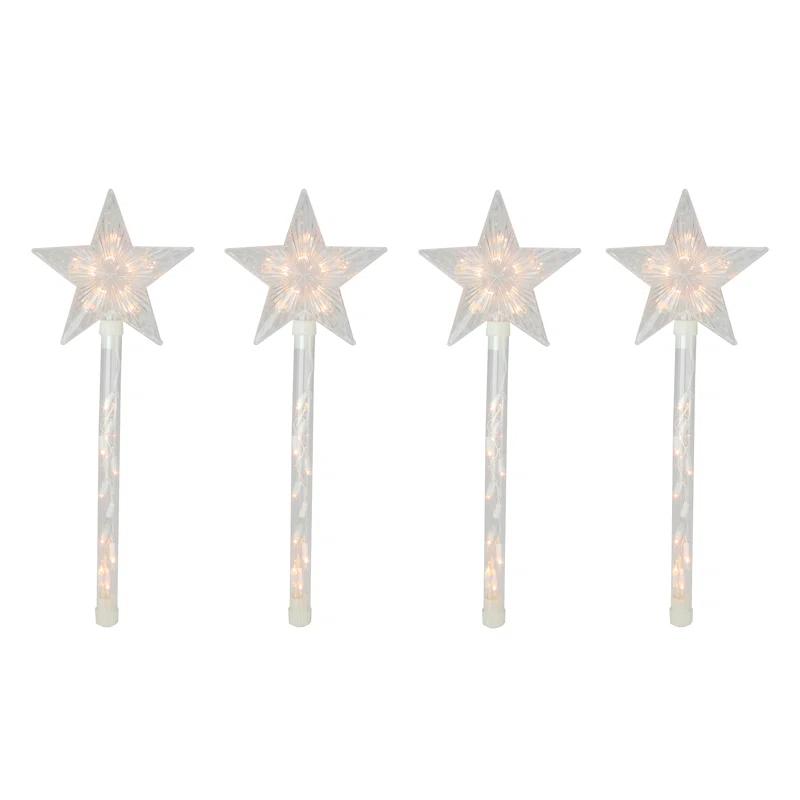 Northlight Seasonal Lighted Star Christmas Pathway Marker with Lawn Stakes White Wire - Clear Lights (Set of 4)
