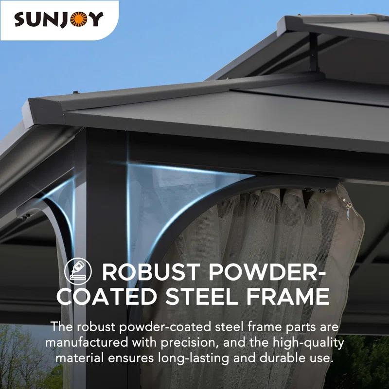 Sunjoy Sunjoy Hardtop Gazebo 12 x 16 ft. Outdoor Gazebo, Heavy Duty Steel Frame Gazebo, Double Tiered Metal Gazebo with Ceiling Hook and Removable Netting Sidewalls