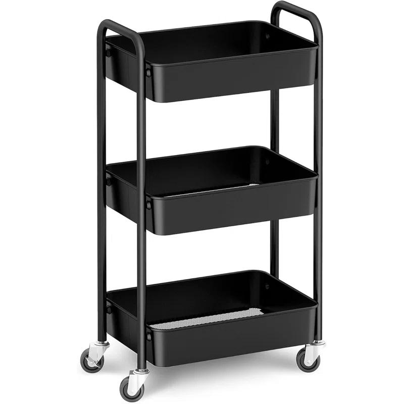 Zeki Shoggy 3-Tier Rolling Metal Storage Organizer - Mobile Utility Cart, Kitchen Cart With Caster Wheels (Black)