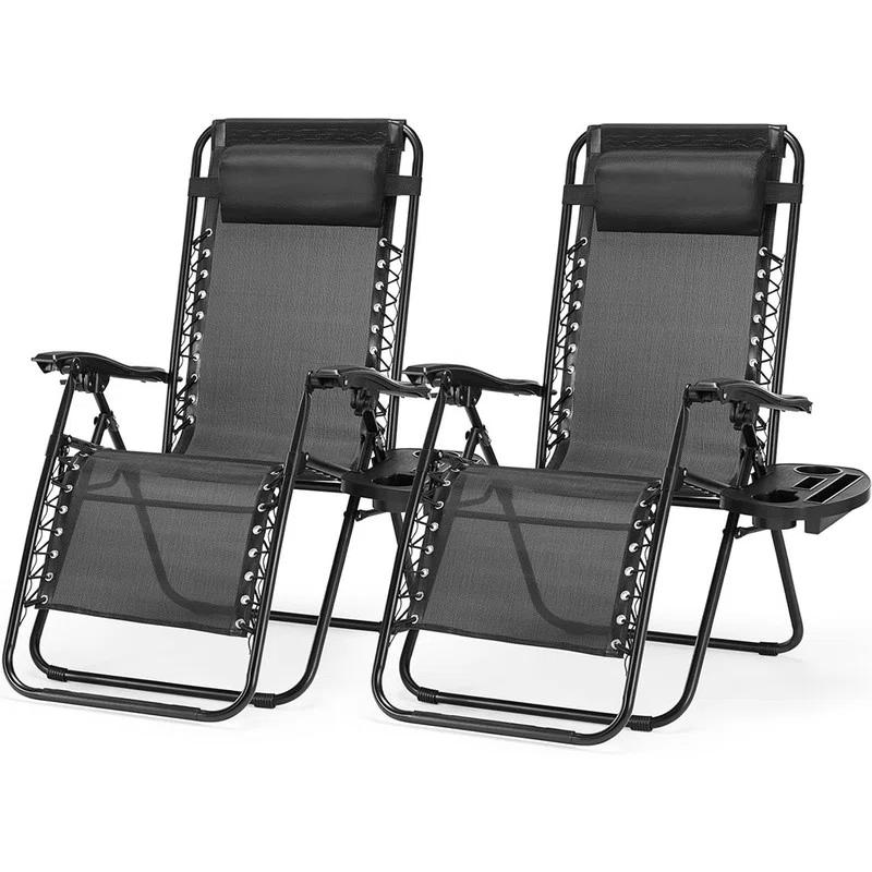 Arlmont & Co. Zero Gravity Chairs, Set of 2 Portable Recliner Folding Lounge Chair with Cup Holder Trays and Adjustable Pillow for Poolside & Lawn (Black)
