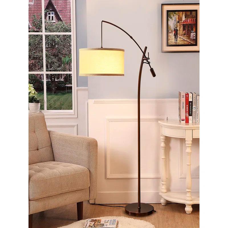 Brightech Grayson 84" Mid-Century Modern Height-Adjustable LED Arc Floor Lamp with Bronze Finish and Beige Cotton Fabric Drum Shade, Bulb Included