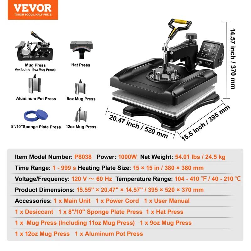 VEVOR Heat Press Machine, 8in1 Heat Press, 800W Sublimation Machine
