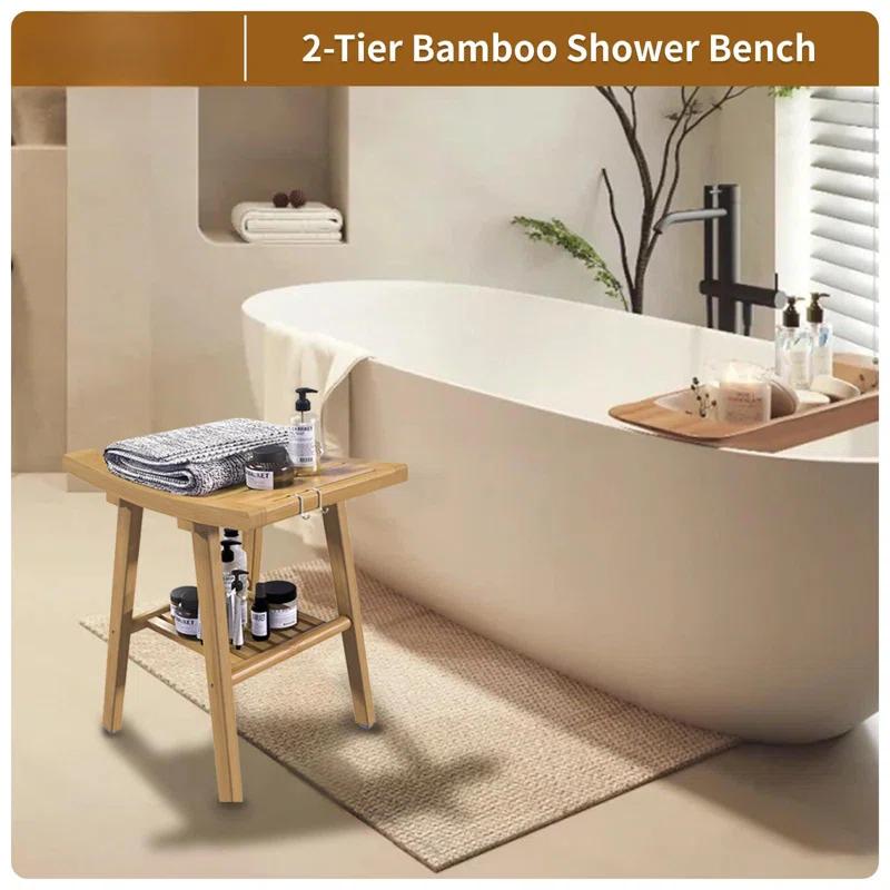Red Barrel Studio® Bamboo Shower Bench Stool, Shower Chair For Inside Shower With 2-Tier Storage Shelf, Waterproof Shower Seat For Shaving Legs, Spa Bathroom Shower Bench