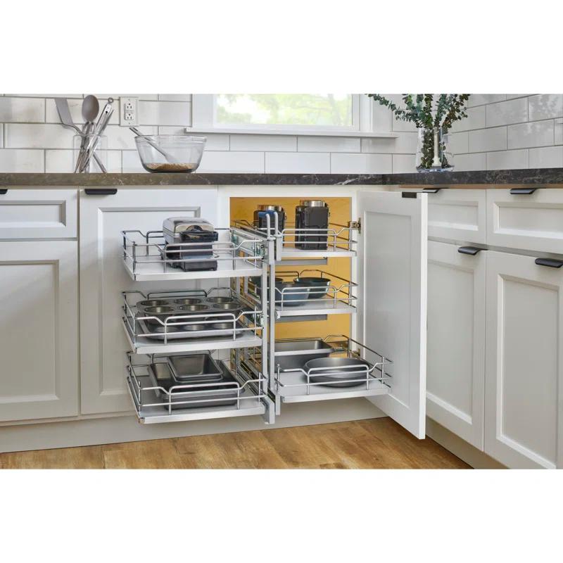 Rev-A-Shelf Steel 3-Tier Pullout Solid Bottom Organizer For Blind Corner Cabinets W/ Soft-Close