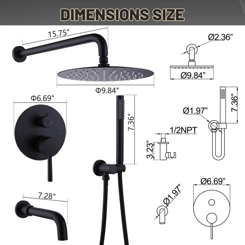 10 Inch Overhead Shower with 360° Rotatable Tub Spout Rough In Pressure Balance Valve Body
