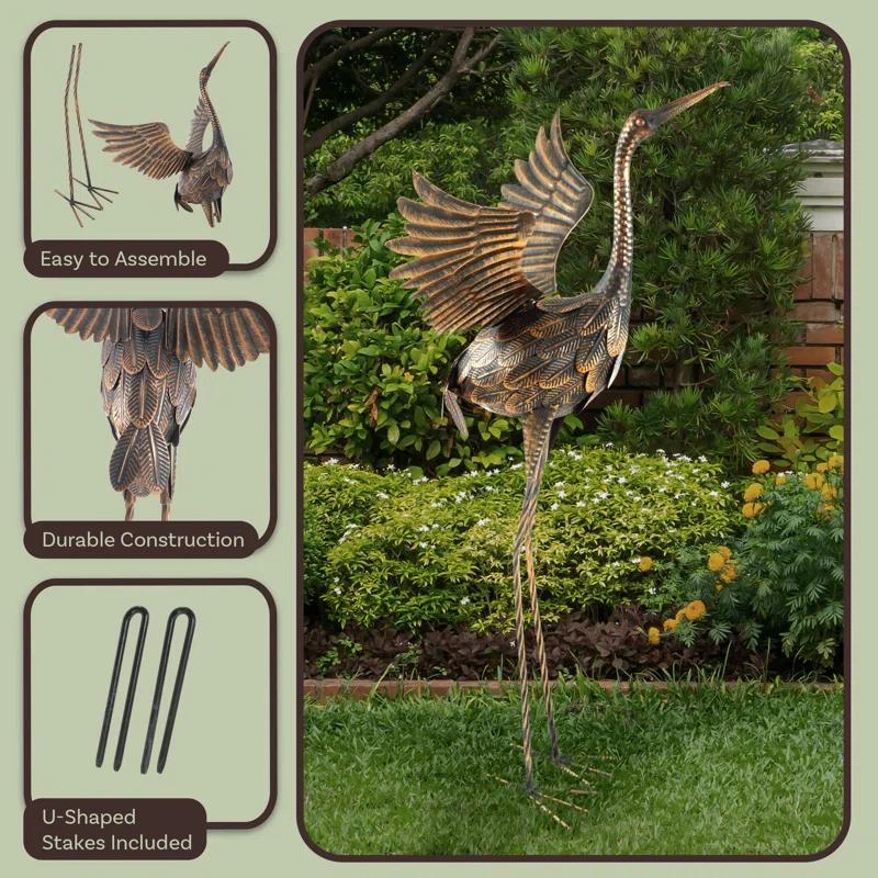 Red Barrel Studio® Flying Crane Garden Statue - 35-Inch-Tall Metal Yard Art Crane Statues for Outdoor Decor - Yard Crane Garden Sculptures & Statues - Lawn Ornaments for Patio, Pond, or Backyard by Pure Garden