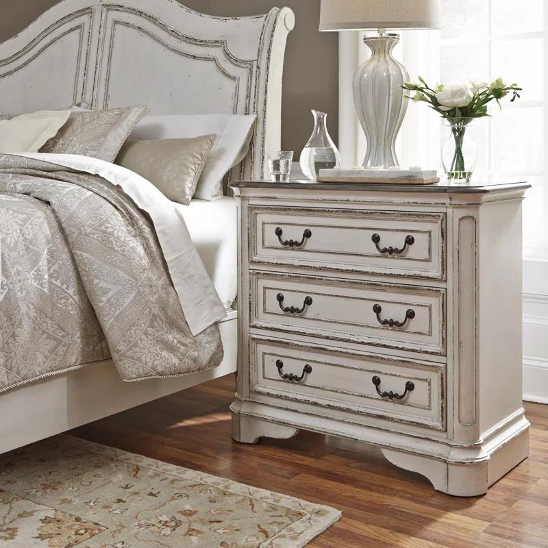 Magnolia Manor Antique White 3-Drawer Bedside Chest with Charging Station