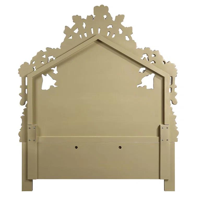 Benjara Rexx King Bed, White Faux Leather Victorian Carved, Classic Gold Wood
