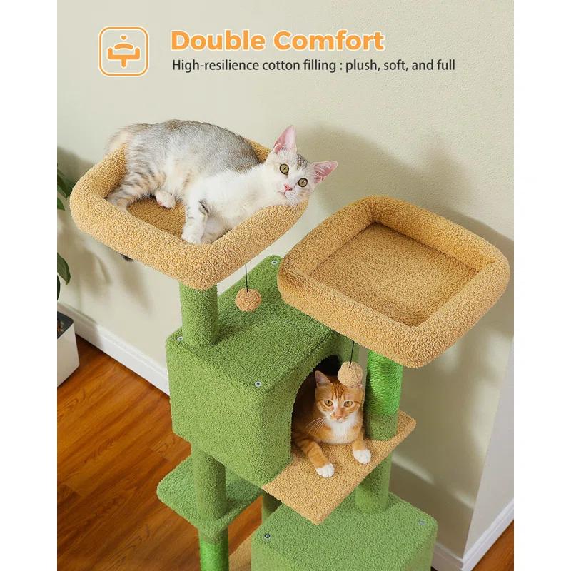 52.4" Cute Cat Tree Tower With 2 Flower Padded Perches, 2 Condos & 2 Scratching Posts