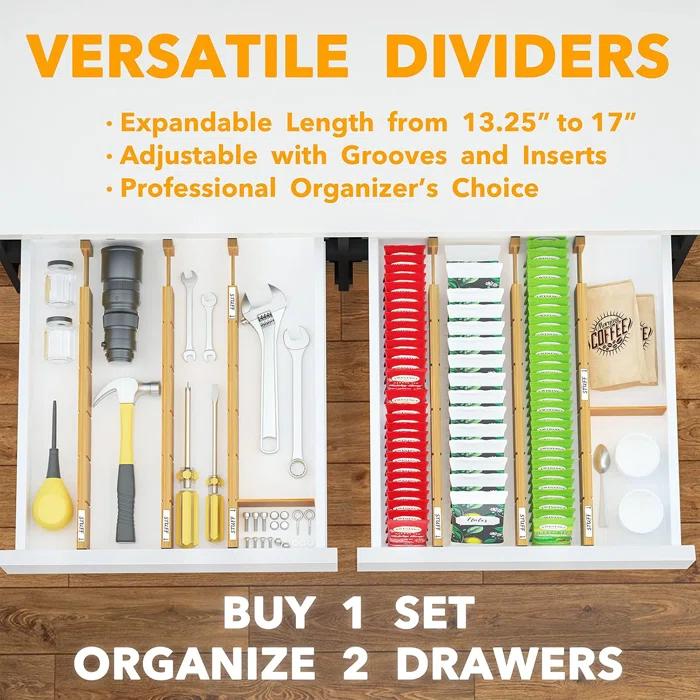 Set of 6 Bamboo Expandable Drawer Dividers with Labels,with 12 Inserts (13.25-17in)