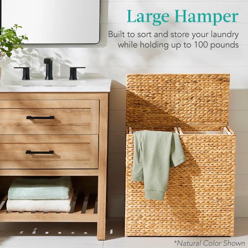 Bayou Breeze Large Water Hyacinth Double Laundry Hamper Basket w/ 2 Liner Bags, Handles