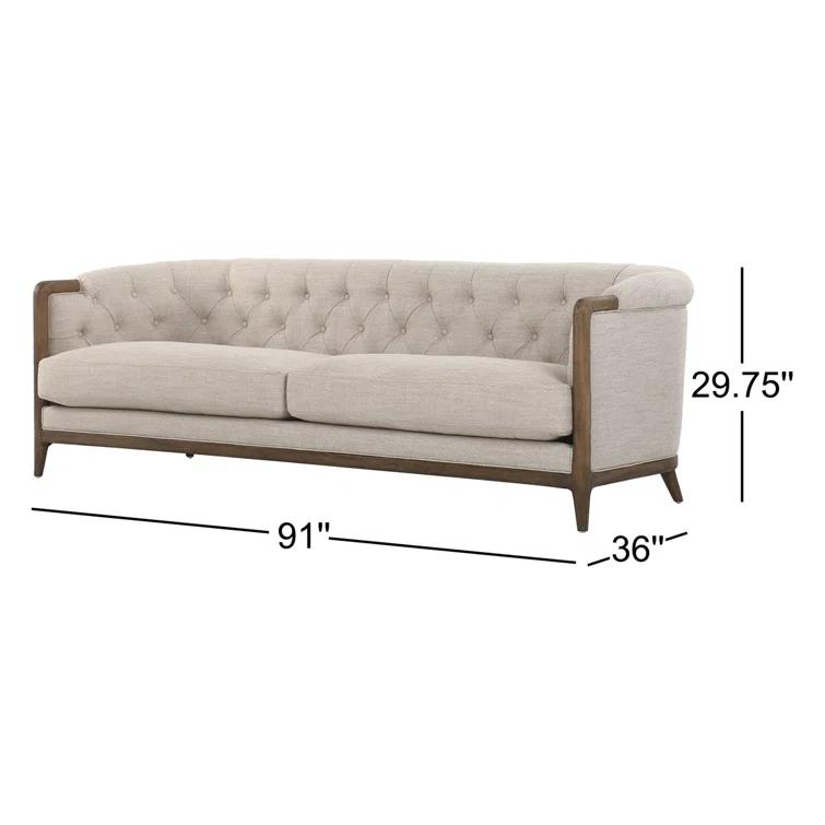 Beige Tufted Linen Sofa with Rolled Arms and Removable Cushions