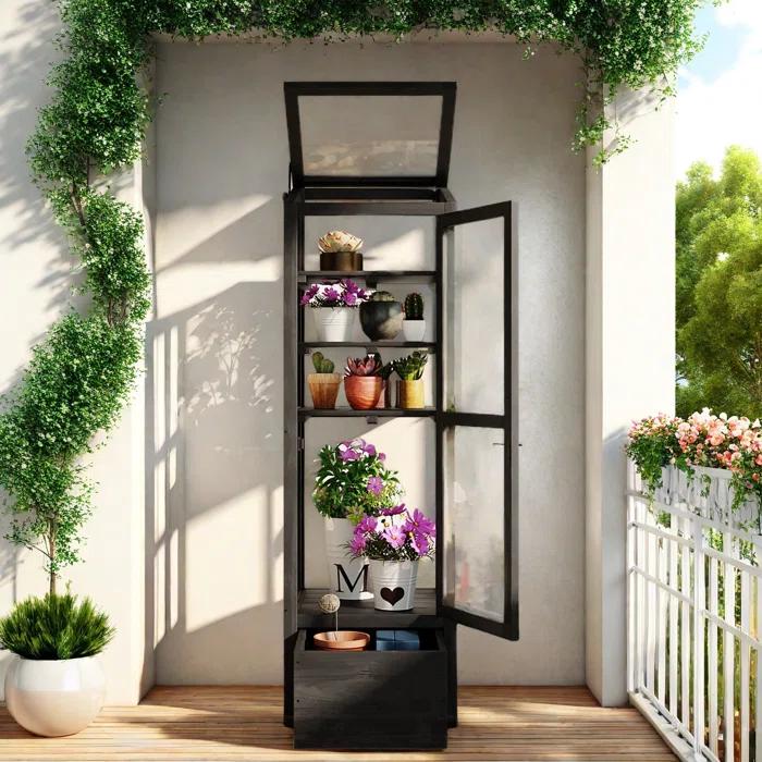 mosaicmotifco Wood Garden Greenhouse Balcony Portable Mini Cold Frame With Movable Storage Box, Adjustable Shelves And 1 Drawer