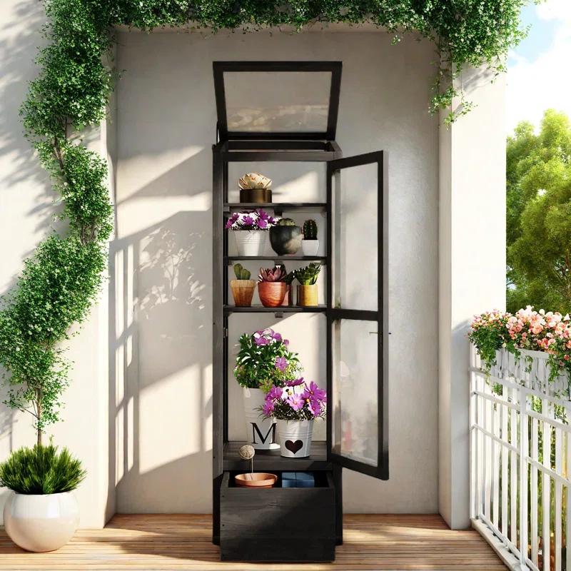 mosaicmotifco Wood Garden Greenhouse Balcony Portable Mini Cold Frame With Movable Storage Box, Adjustable Shelves And 1 Drawer