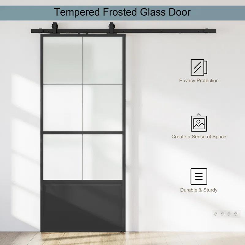 Metal and Glass Sliding Barn Door with Installation Hardware Kit ( Soft-close Included)