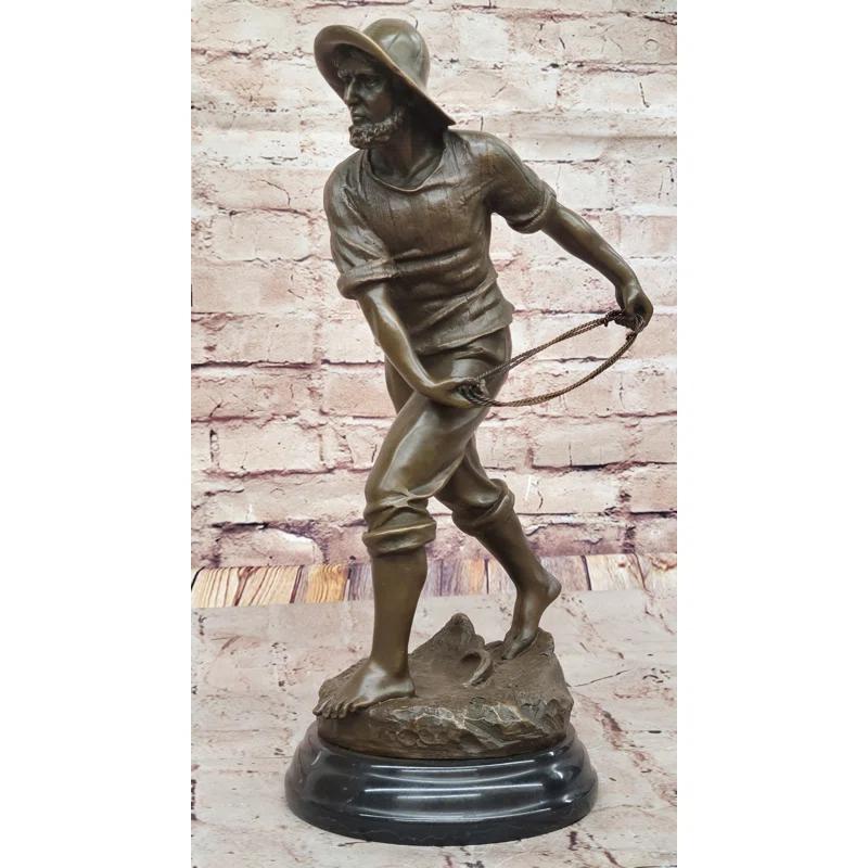 Bronze Fisherman with Net – Nautical-Themed Sculpture on Marble Base