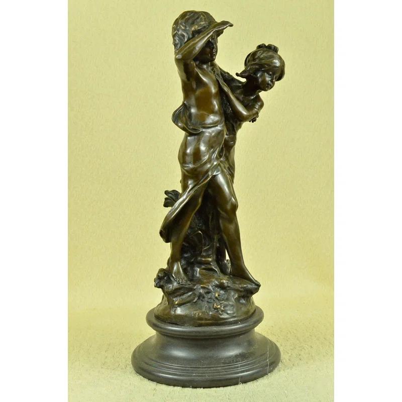 Bloomsbury Market Signed Original Boy And Girl Walking Outdoor Bronze Sculpture Marble Base Statue