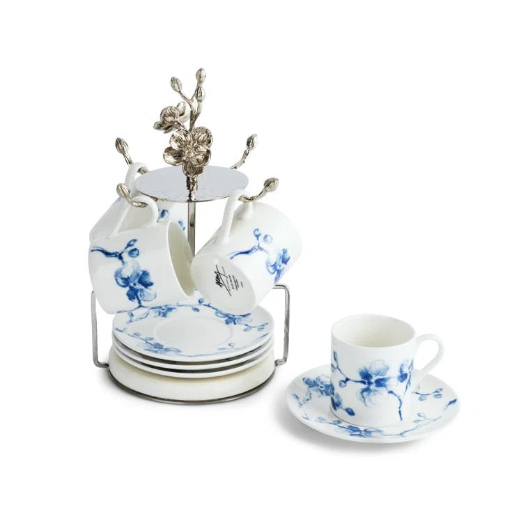 Blue Orchid Porcelain Demitasse Set with Stainless Steel Stand