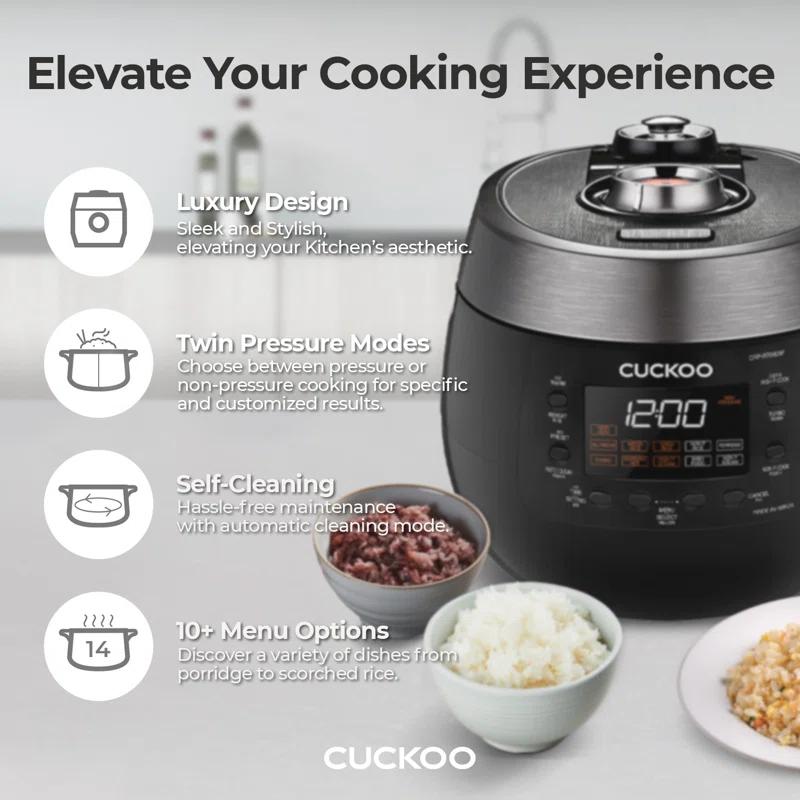 Cuckoo Electronics CUCKOO 6-Cup Twin Pressure Rice Cooker & Warmer with Nonstick Inner Pot, 14 Menu Options, Safe Steam Release, 3 Voice Guide, Auto Clean (Black) CRP-RT0609FB