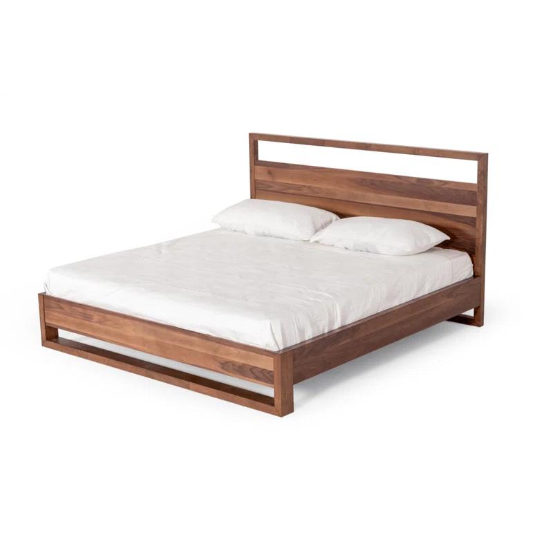 Benjara Lina Bed With Plank Style Tall Headboard, Modern Walnut Brown