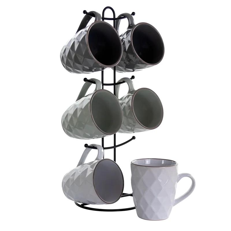 12oz White Ceramic Diamond Facet Mug Set with Stand