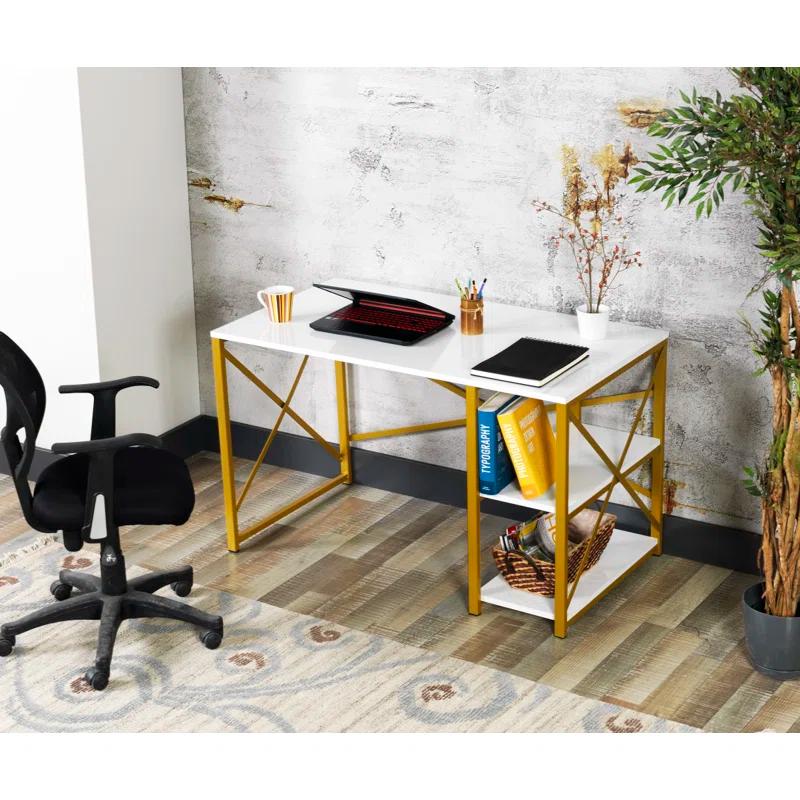Sage Black Metal Frame 47" Wooden Top 2 Shelves Writing and Computer Desk for Home Office, Walnut