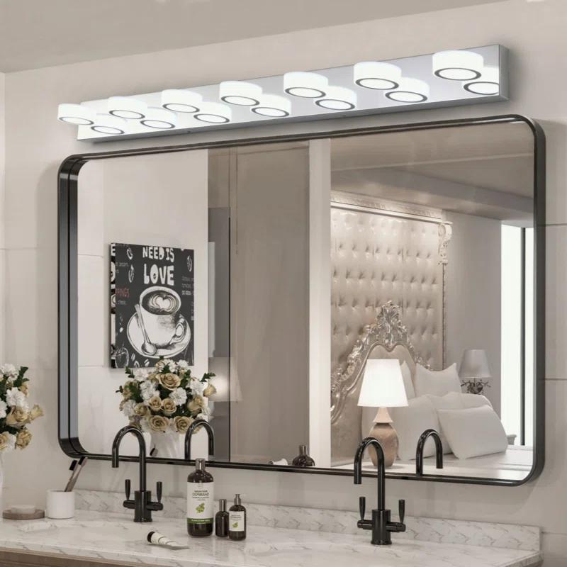 Orren Ellis Modern 7-Light LED Vanity Light Fixture - Iron Finish With Acrylic Shades - Energy-Efficient Bathroom Wall Sconce - Dimmable, 52.2-Inch Length