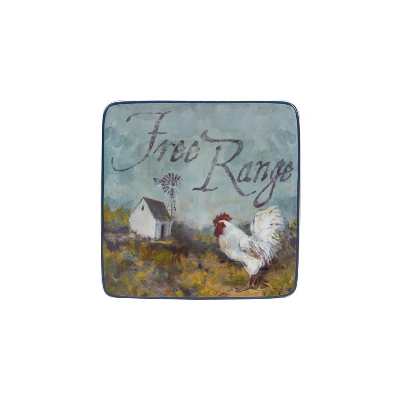 Certified International Rooster Meadow Set Of 4 Canape Plates