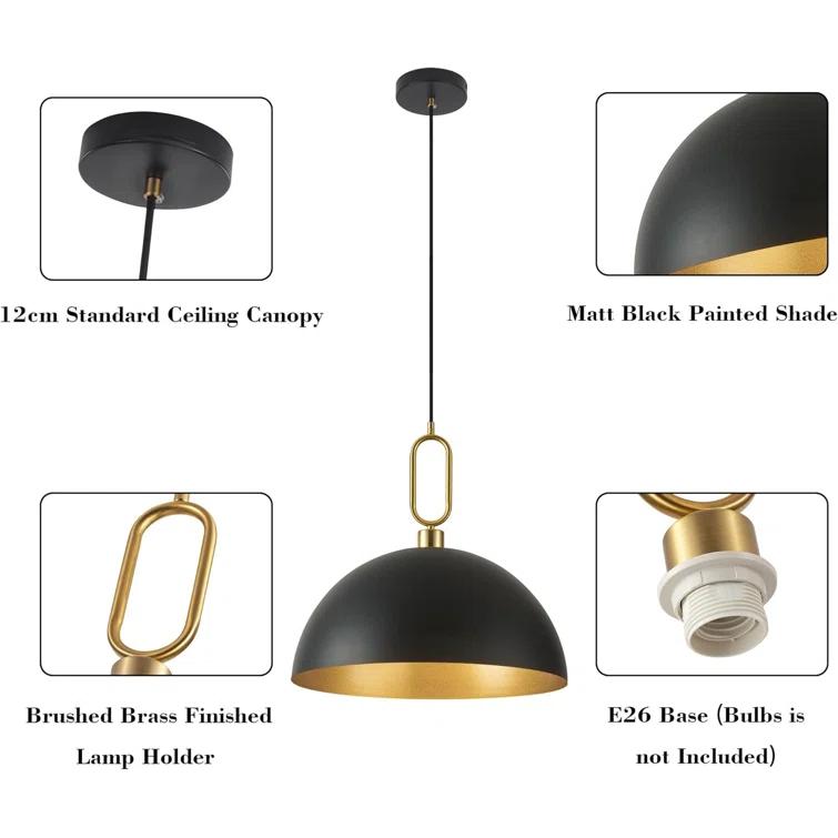 Everly Quinn 17.7" Farmhouse Vintage Black And Gold Pendant Light - Dome Chandelier For Kitchen Island, Dining Room, Hallway