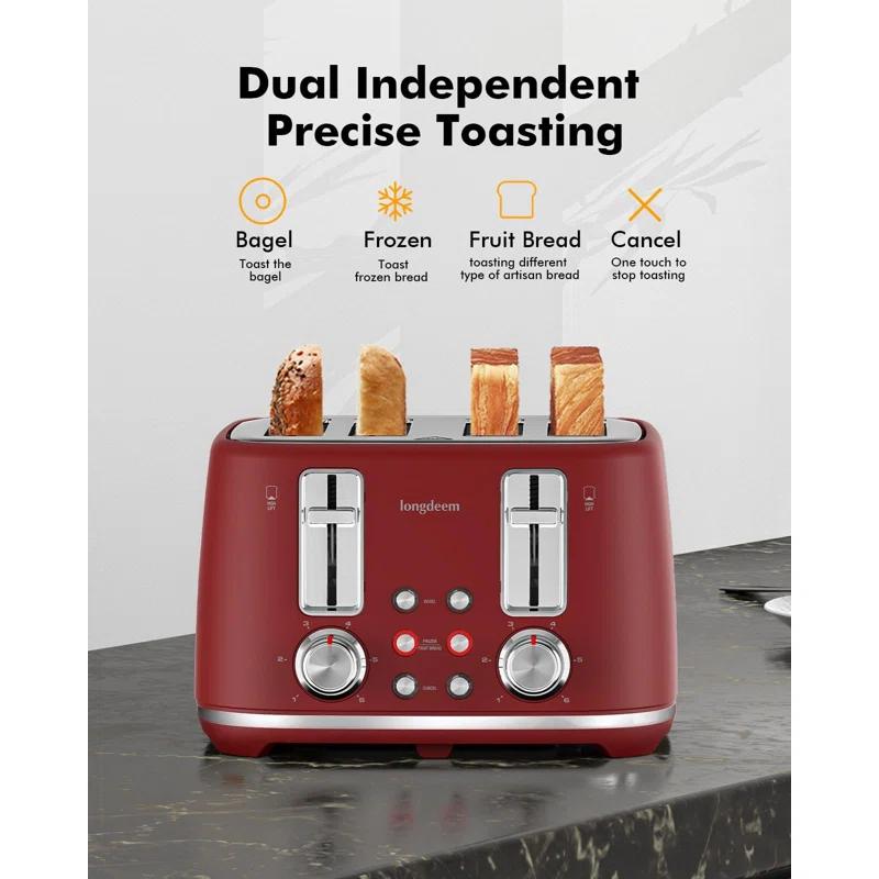 LONGDEEM 4 Slice Toaster, Extra Wide Slots, Longdeem Retro Stainless Steel Toasters, 6 Browning Options, Auto Shut Off & Frozen Function, Toast Fruit Bread, Bagel & Waffle