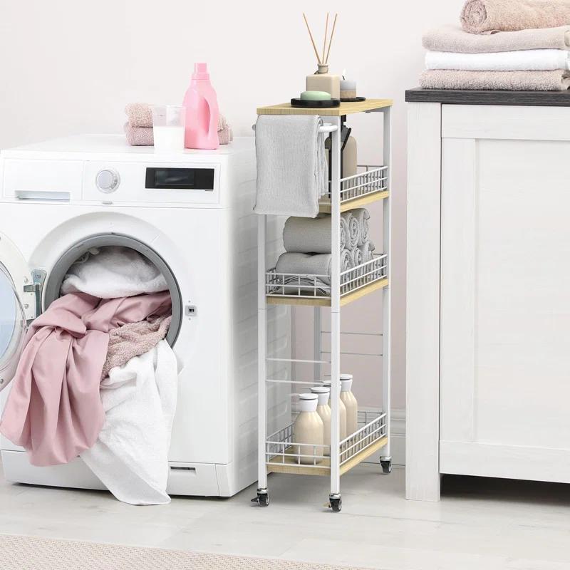 SPECIALTY FLOORING INC Slim Storage Cart Narrow Storage Cabinet 4 Tier Laundry Room Organization Mobile Bathroom Shelving Unit Organizer Rolling Utility Cart Slide Out Kitchen Cart Tower Rack For Narrow Places 7.08'W,(White)