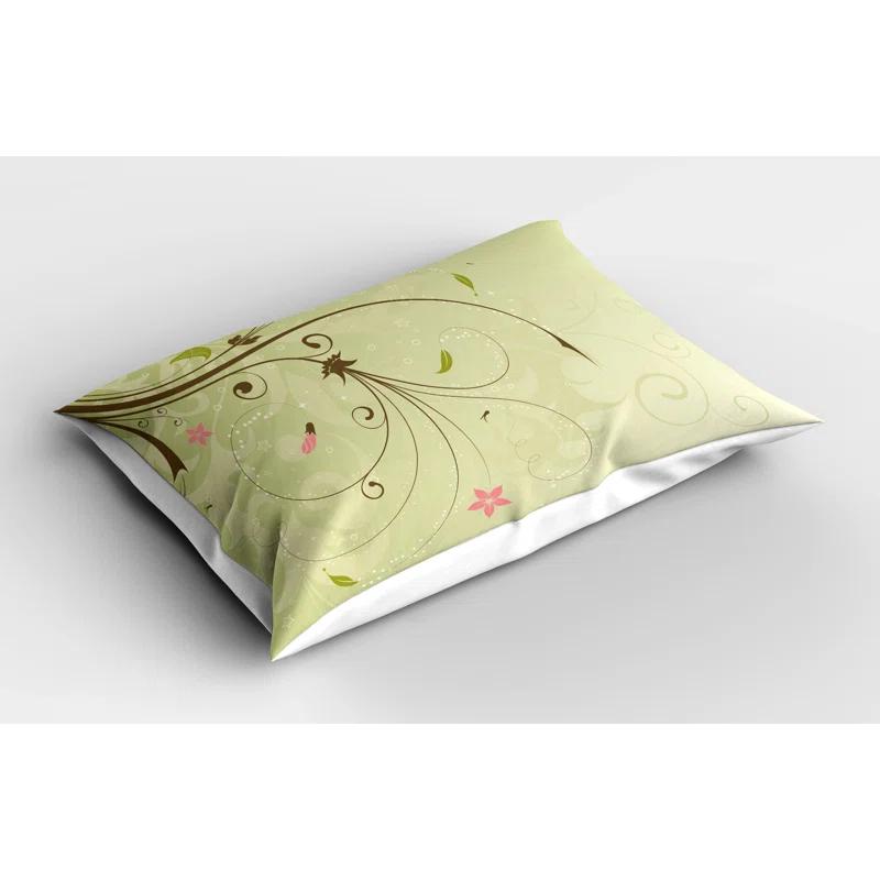 Ambesonne Green and Brown Pillow Sham 2 Pack Swirls Lines Petal Pale Green Brown Pink