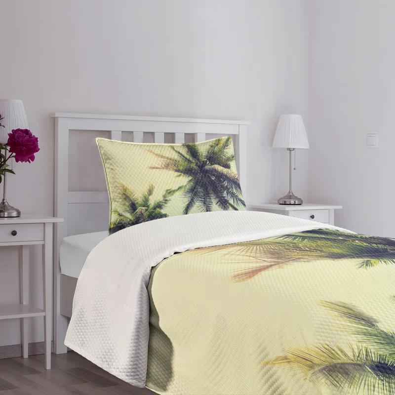 Ambesonne Ambesonne Palm Tree Bedspread Set Caribbean Coastline Ocean Pale Yellow Green Brown