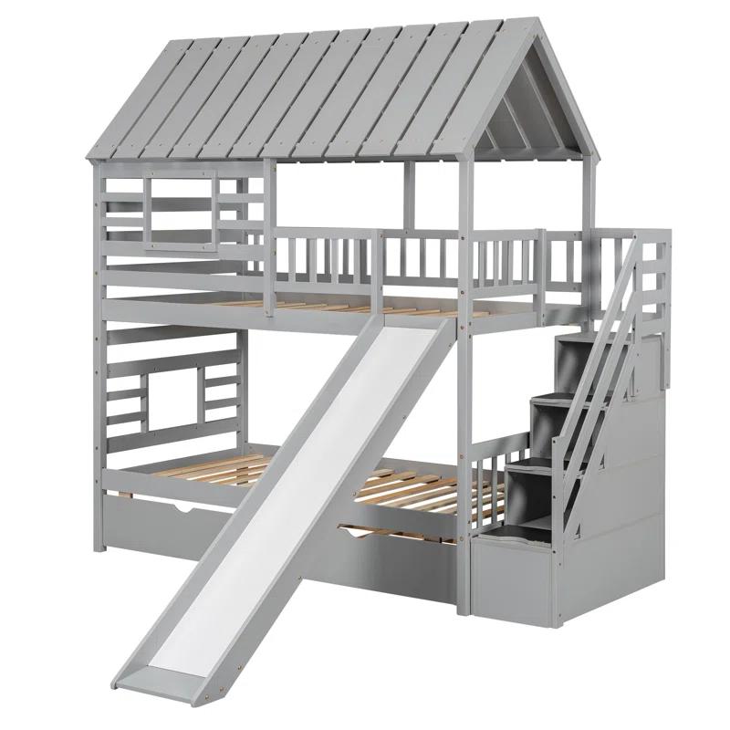 Harper Orchard Twin Over Twin House Bunk Bed With Trundle And Slide