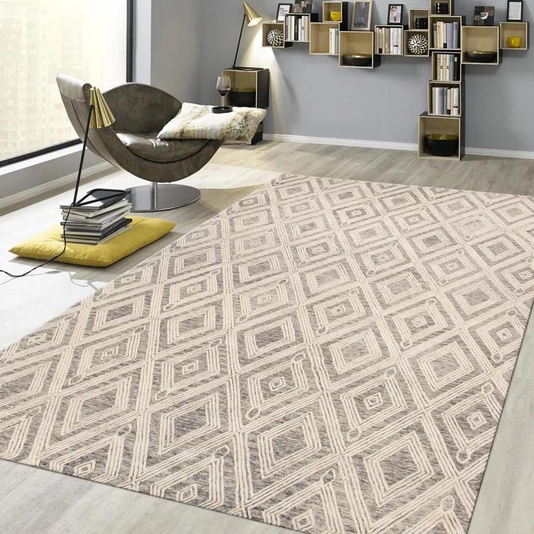 Pasargad Modern Geometric Handmade Tufted Area Rug in Gray/Beige