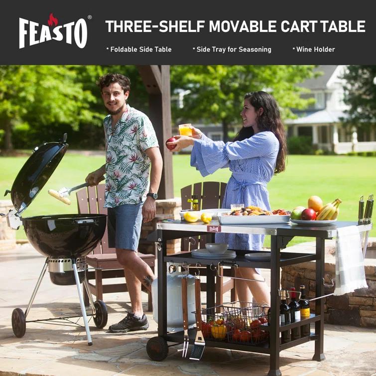 Feasto 3-Tier Stainless Steel Grill Cart - 40" Outdoor Pizza Oven Stand with Wheels, Mobile Kitchen Island for BBQ & Food Prep