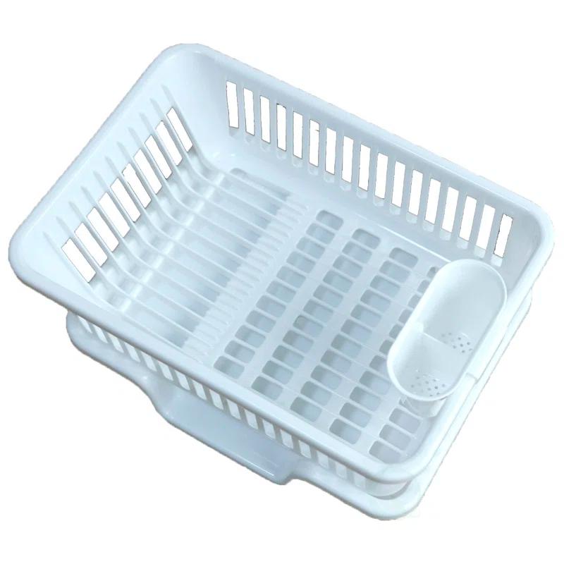 Basicwise Heavy Duty 2-Piece Plastic Dish Drying Rack Set in White - Includes Large Dish Drainer, Attached Drainboard, and Utensil Cup Holders for Home Kitchen Countertop Organization