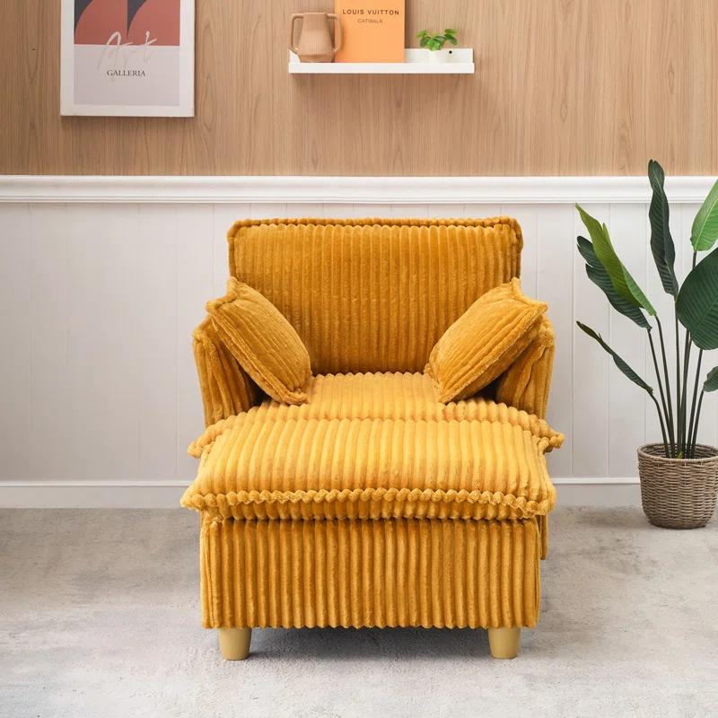 Everly Quinn This single-seat corduroy sofa comes with an ottoman and throw pillows
