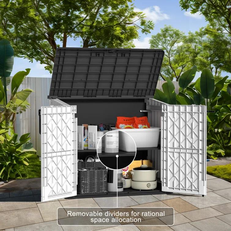 Emperic Design Resin Tool Shed, 36 Cu Ft Waterproof Outdoor Horizontal Storage, Weather-resistant Utility Shed With Air Vent For Trash And Lockable Doors, Garden Tools (black And White)