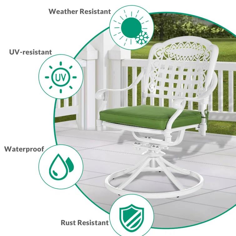 VIVIJASON Vivijason Patio Swivel Dining Chairs Set Of 2, All Weather Cast Aluminum Outdoor Dining Rocker Chairs, Patio Furniture Chair Set With Cushion For Balcony, Lawn, Garden, Backyard, White/green Cushion