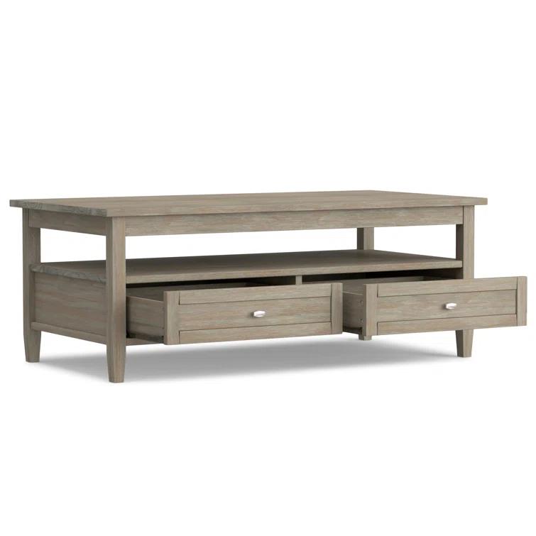 Simpli Home Warm Shaker 48"W Solid Wood Coffee Table with Two Storage Drawers and Open Shelf