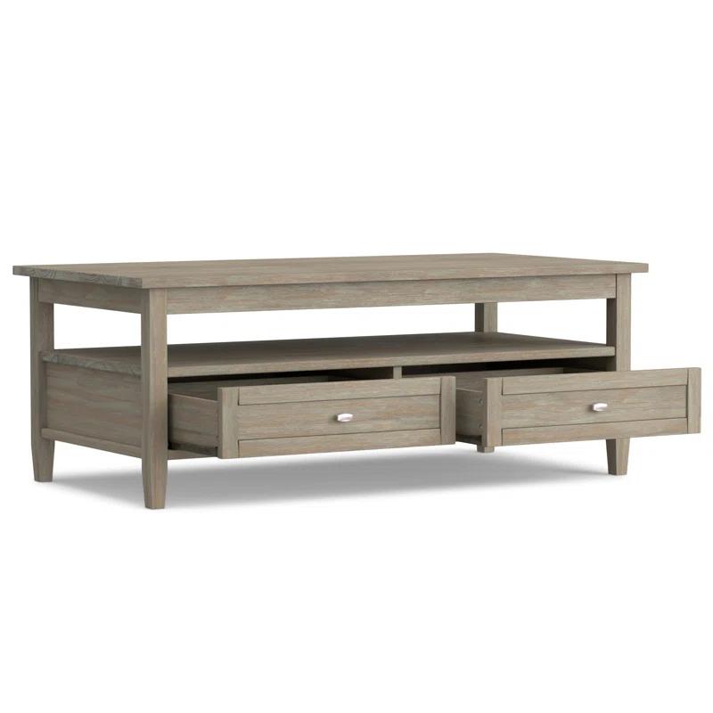 Simpli Home Warm Shaker 48"W Solid Wood Coffee Table with Two Storage Drawers and Open Shelf