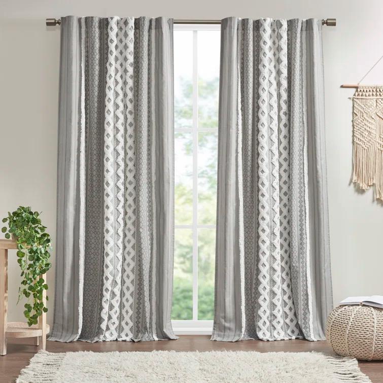 INK+IVY Imani Cotton Printed Boho Single Curtain Panel with Chenille Stripe and Lining