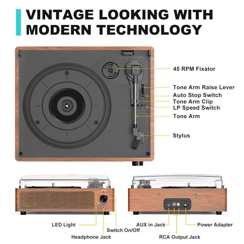 BEACHWATER POOL & SPA, LLC Vinyl Record Player With Speakers Vintage Turntable For Vinyl Records Belt-Driven Turntable Support 3-Speed Bluetooth Playback Headphone AUX RCA Line LP Vinyl Players For Sound Enjoyment Retro