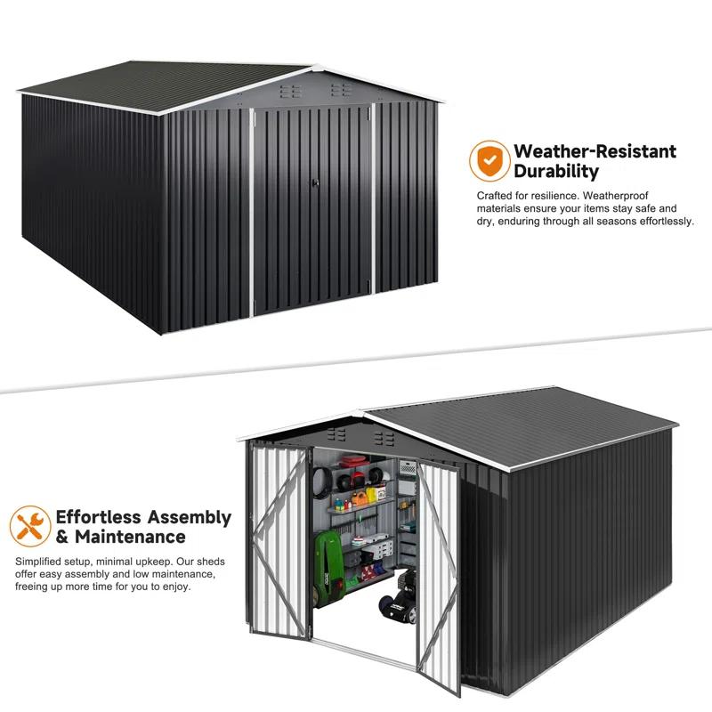 10 ft. W x 14 ft. D Outdoor Metal Shed Storage with Updated Frame Structure and Lockable Doors