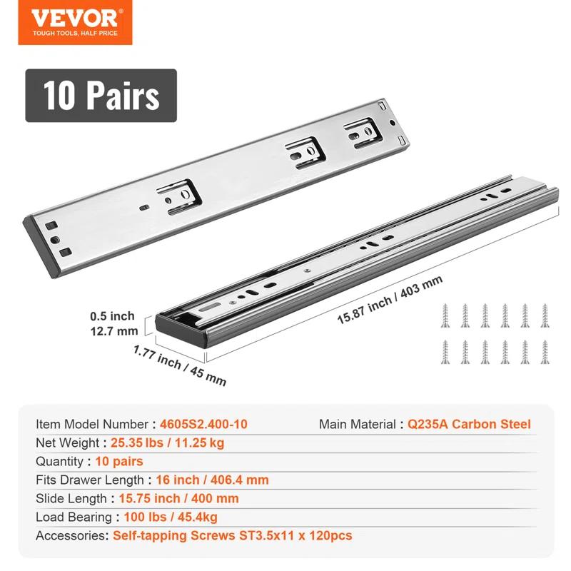 Full Extension 1.77'' Soft Close Side Mount Metal Drawer Slide (Set of 10)