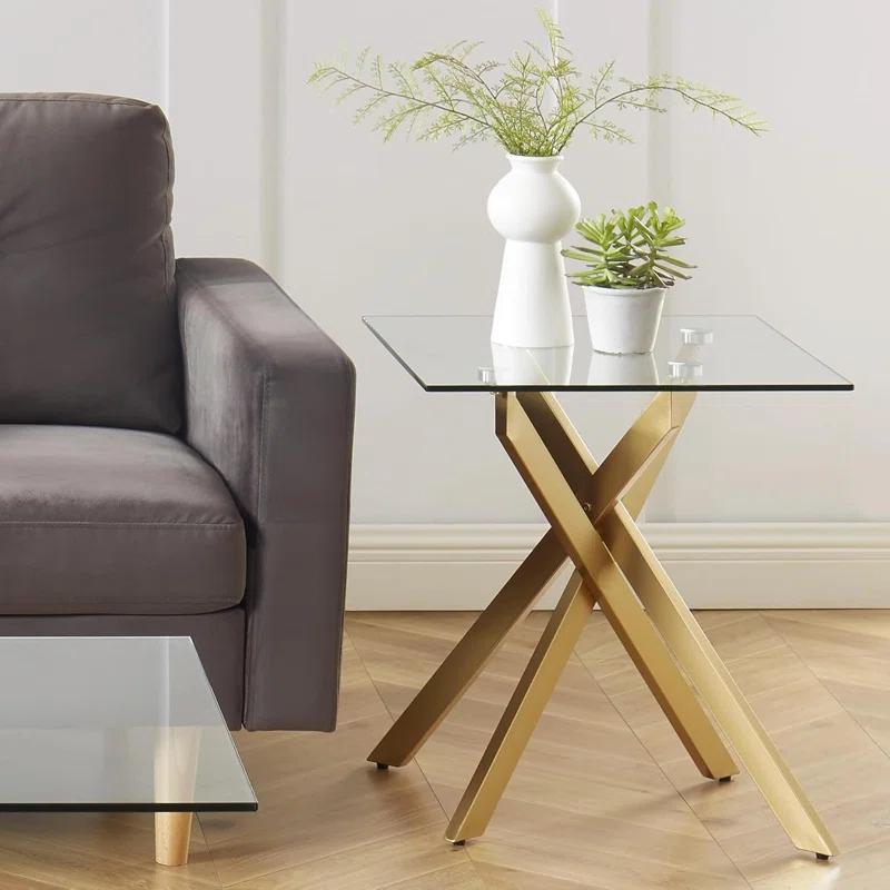 Mercer41 Modern Style Square Side Table with Tempered Glass Top and Metal Tubular Legs