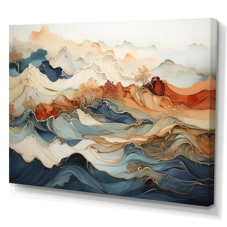 Design Art Abstract Orange And Blue River Ink III - Wall Art Print On Canvas